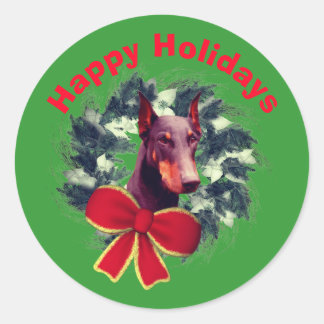 Pegatina Redonda Navidades Doberman Wreath