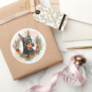 Pegatina Redonda Navidades Doberman Wreath Festive Pup