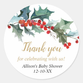 Pegatina Redonda Navidades ducha de bebé Greenery Holly oro rojo