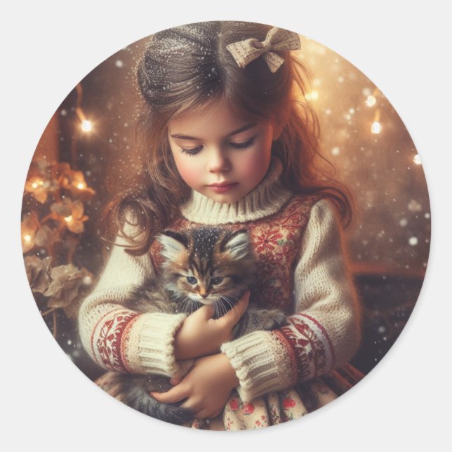 Pegatina Redonda Navidades dulces de Little Girl y Kitten (Anverso)