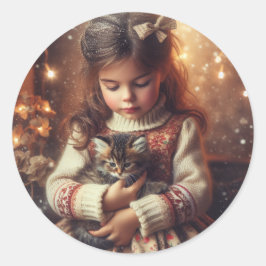 Pegatina Redonda Navidades dulces de Little Girl y Kitten