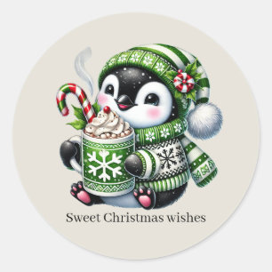 Pegatina Redonda navidades dulces desean personalizable de pingüino
