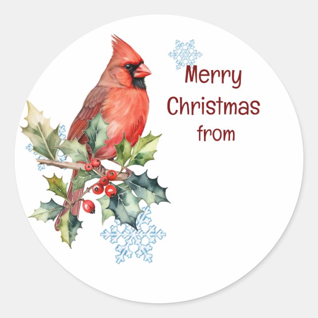 Pegatina Redonda Navidades, el cardenal invernal Red Bird Berries F (Anverso)
