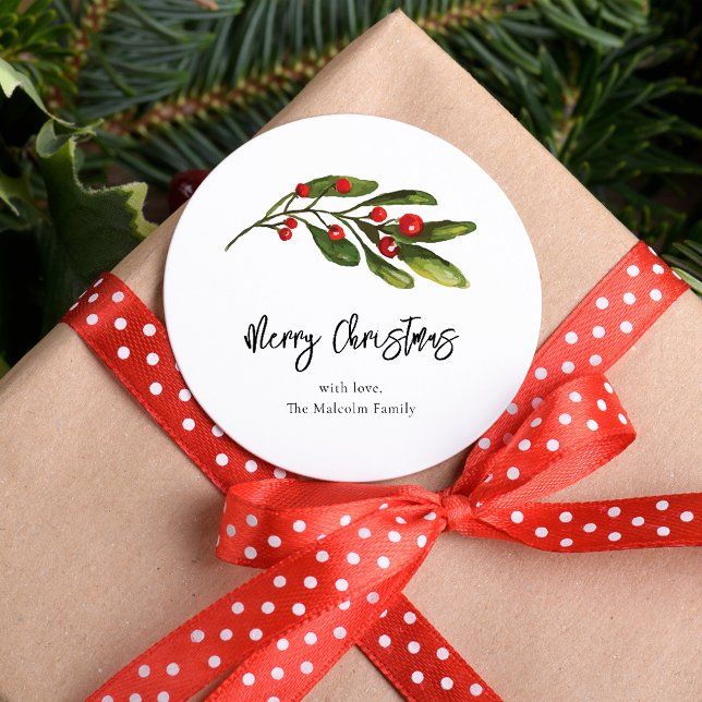 Pegatina Redonda Navidades Elegante familia de guiones de las Berri (Christmas Red Berries Greenery Circle Sticker)