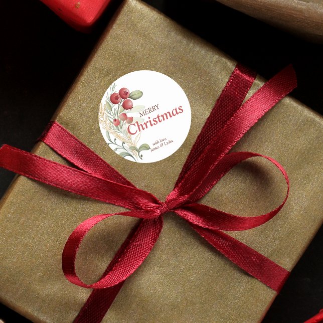 Pegatina Redonda Navidades elegantes de Red Berries Greenery (Subido por el creador)