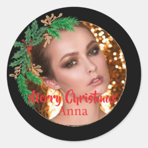 Pegatina Redonda Navidades elegantes Wreath Photo Black Gold