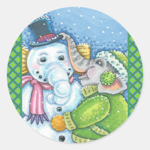 PEGATINA REDONDA NAVIDADES ELEPHANT BUILDING CUTE PACHYDERM SNOWMAN