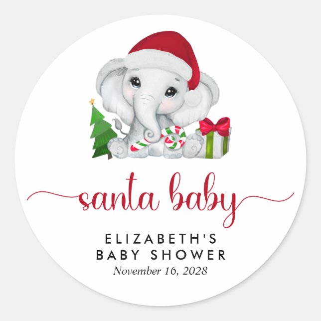 Pegatina Redonda Navidades Elephant Santa Baby Boy Shower (Anverso)