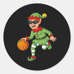 Pegatina Redonda Navidades Elf Dribbling Baloncesto Divertido Niños