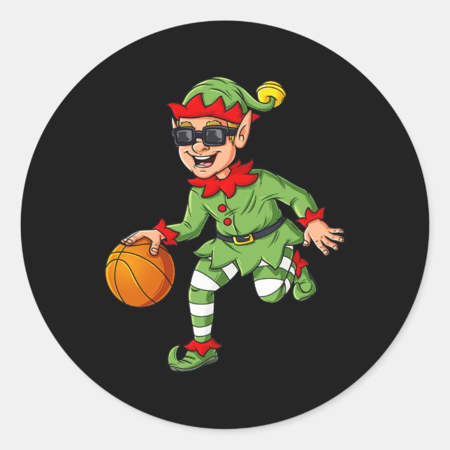 Pegatina Redonda Navidades Elf Dribbling Baloncesto Divertido Niños (Anverso)