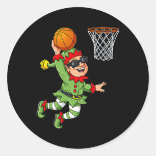 Pegatina Redonda Navidades Elf Dunking Un Básquetbol Divertido Niño