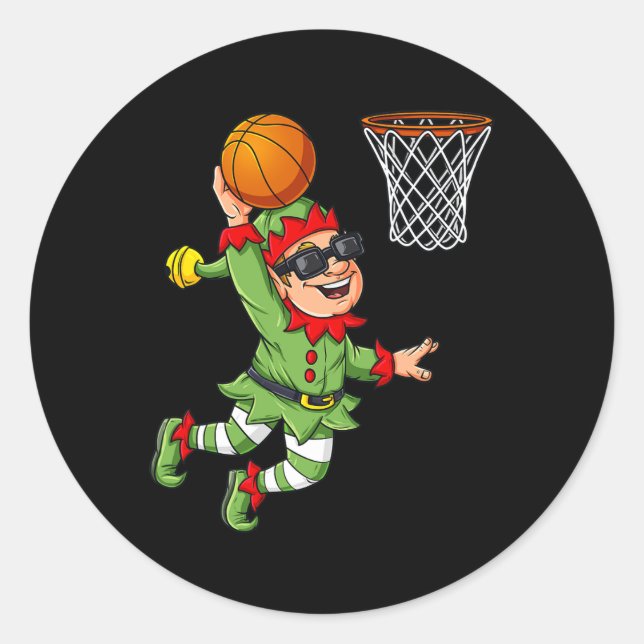 Pegatina Redonda Navidades Elf Dunking Un Básquetbol Divertido Niño (Anverso)