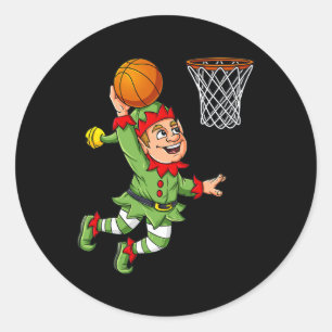 Pegatina Redonda Navidades Elf Dunking Un Básquetbol Divertido Niño