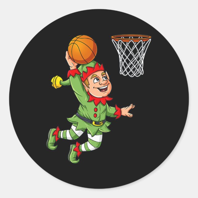 Pegatina Redonda Navidades Elf Dunking Un Básquetbol Divertido Niño (Anverso)