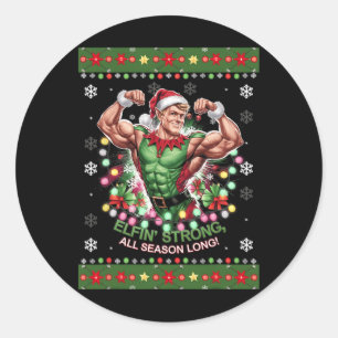 Pegatina Redonda Navidades Elf Gym entrenan con fuerza en Elfin tod