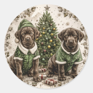 Pegatina Redonda Navidades Elf Labrador Recuperador Cachorro
