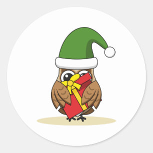 Pegatina Redonda Navidades Elf Owl con presente