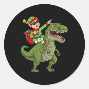 Pegatina Redonda Navidades Elf Riding Dinosaur T Rex Niños Diversió