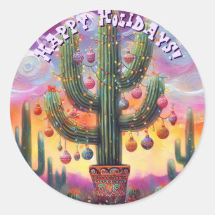 Pegatina Redonda Navidades en el desierto Saguaro Cactus al suroest