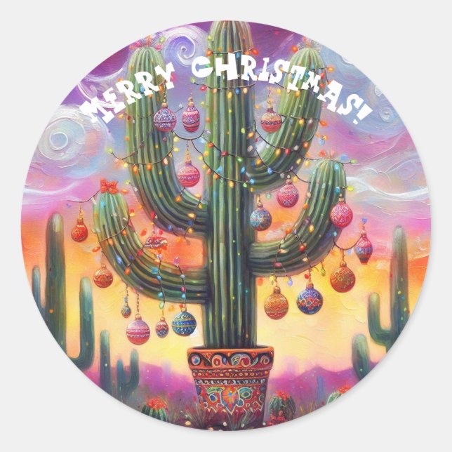 Pegatina Redonda Navidades en el desierto Saguaro Cactus al suroest (Anverso)