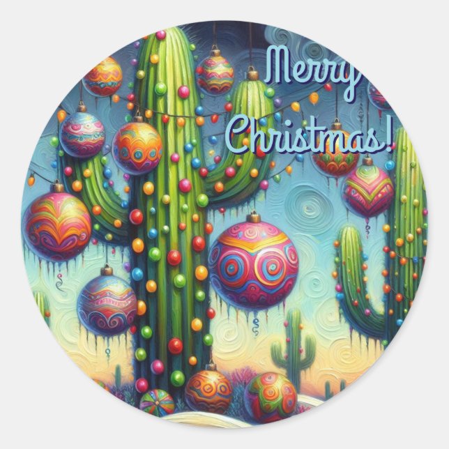 Pegatina Redonda Navidades en el desierto Saguaro Cactus al suroest (Anverso)