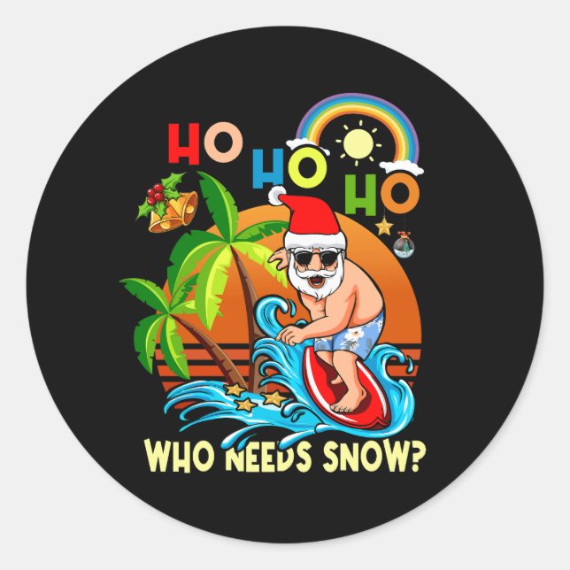 Pegatina Redonda Navidades En Julio Divertido Santa Surfing Summer  (Anverso)