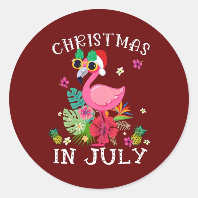 Pegatina Redonda Navidades En Julio, Flamingo Rosa Hawái Es Gracios (Anverso)