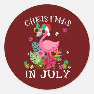 Pegatina Redonda Navidades En Julio, Flamingo Rosa Hawái Es Gracios
