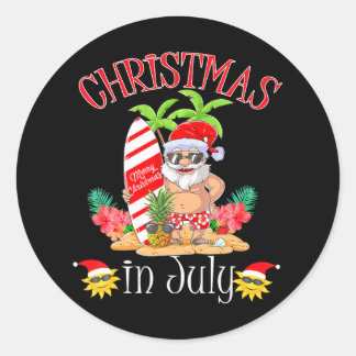 Pegatina Redonda Navidades En Julio Funny Santa Summer Beach