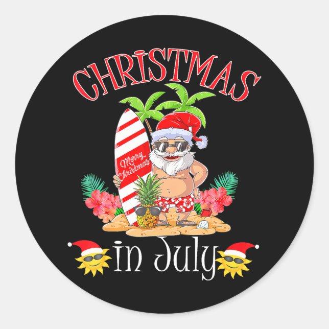 Pegatina Redonda Navidades En Julio Funny Santa Summer Beach (Anverso)
