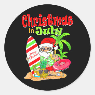 Pegatina Redonda Navidades En Julio Funny Santa Summer Beach