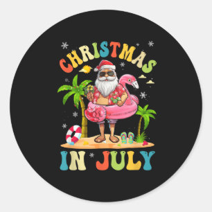 Pegatina Redonda Navidades En Julio Funny Santa Summer Beach Vacati