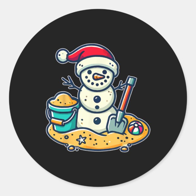 Pegatina Redonda Navidades En Julio Sand Snowman Santa Hat Shovel X (Anverso)