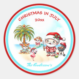 Pegatina Redonda Navidades En Julio Verano Cute Santa Tropical