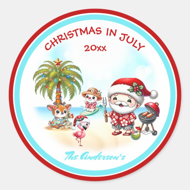 Pegatina Redonda Navidades En Julio Verano Cute Santa Tropical (Anverso)