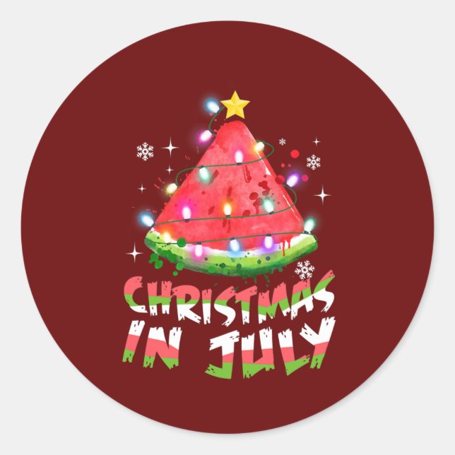 Pegatina Redonda Navidades En Julio Watermelon Xmas Árboles Hombres (Anverso)