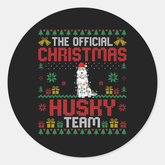 Pegatina Redonda Navidades Equipo Husky - Husky usando Santa Hat Xm (Anverso)