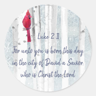 Pegatina Redonda Navidades Escritura Luke 2:11 Cardinal Bird
