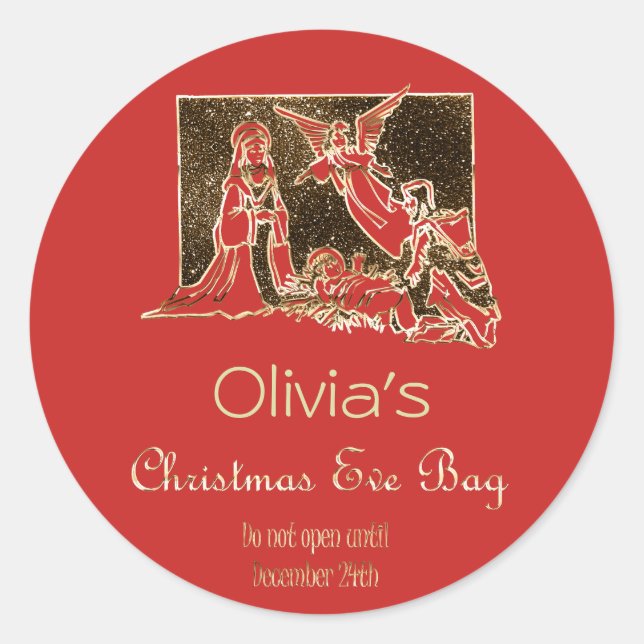 Pegatina Redonda Navidades Eve Bag Natividad Red Faux Gold Textos (Anverso)