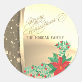 Pegatina Redonda Navidades, Faux Gold, Watercolor Poinsettia