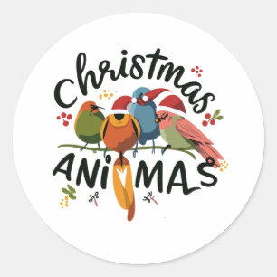 Pegatina Redonda Navidades Feathered Amigos Partiendo En Una Torta