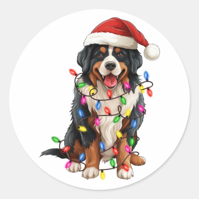 Pegatina Redonda Navidades felices Bernese Mountain Dog Santa Hat (Anverso)