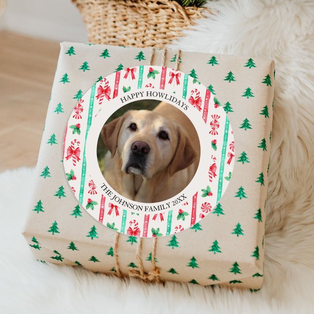 Pegatina Redonda Navidades felices de fotos de perros de Howlidays (Happy Howlidays Dog Photo Christmas Classic Round Sticker)