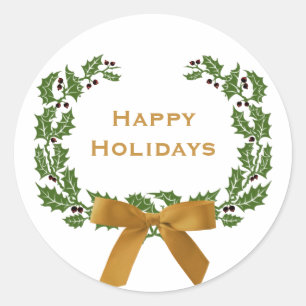 Pegatina Redonda Navidades Felices Fiestas Holly Wreath Simple