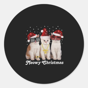 Pegatina Redonda Navidades felices   Gato lindo con Santa Claus