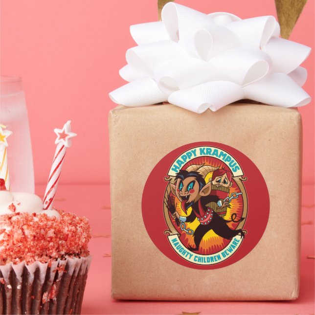 Pegatina Redonda Navidades Felices Krampus Niños traviesos Cuidado (Fiesta)