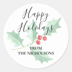 Pegatina Redonda Navidades Felices Personalizadas con Acuarela de A