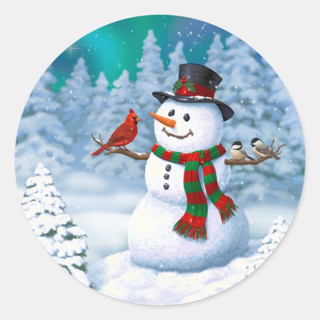 Pegatina Redonda Navidades felices Snowman y Birds Winter Scene (Anverso)