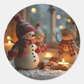 Pegatina Redonda Navidades felices y hombres de nieve lindos