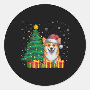 Pegatina Redonda Navidades feos de Corgi Santa Hat iluminan a Perro